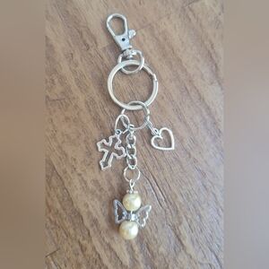 New Silver Tone and Cream Purse  Charm Keychain